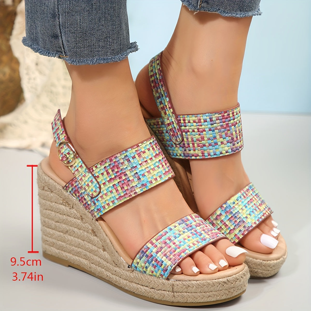 Women's Colorful Plaid Woven Sandals, Ankle Buckle Strap Platform Summer Shoes, Slingback Walking Vacation Shoes