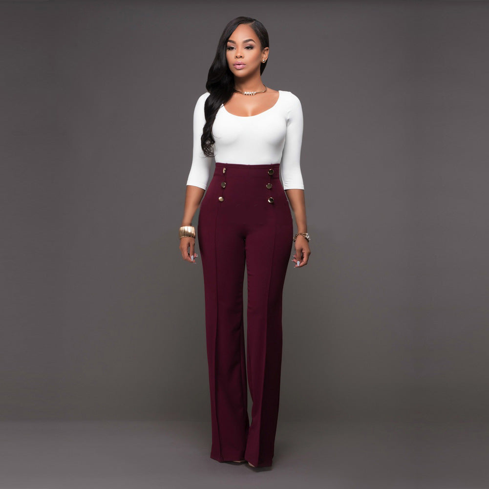 S2006-0 Cross-border women's European and American fashion Slim personality double-breasted flared trousers in five colors