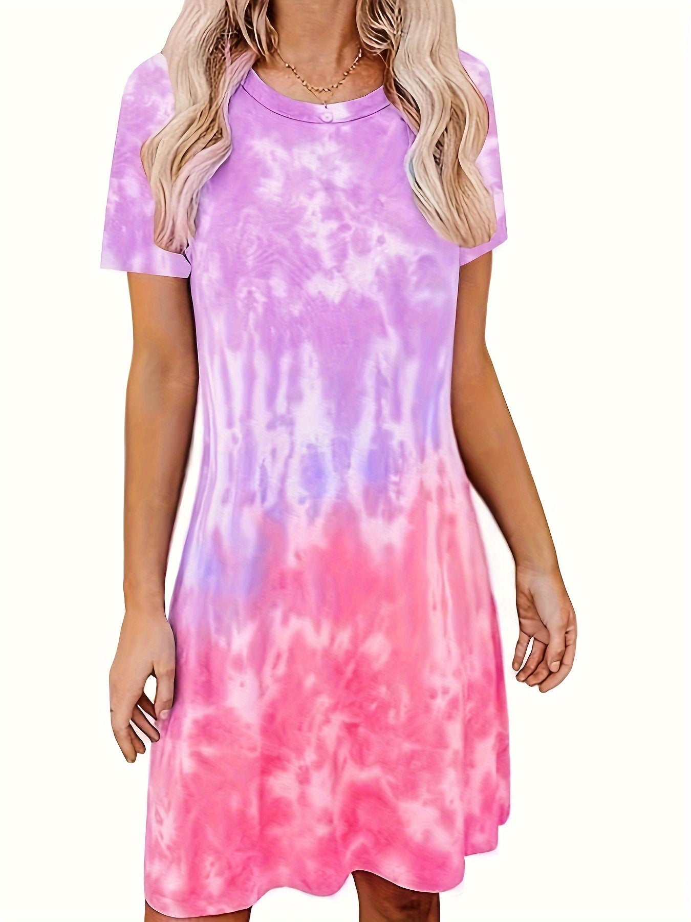 Tie Dye Crew Neck Dress, Casual Short Sleeve Dress For Spring & Summer, Women's Clothing