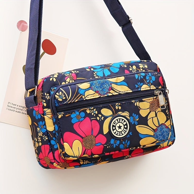 Fashion Flower Crossbody Bag, Multi Layer Shoulder Bag, Casual Nylon Messenger Bag
