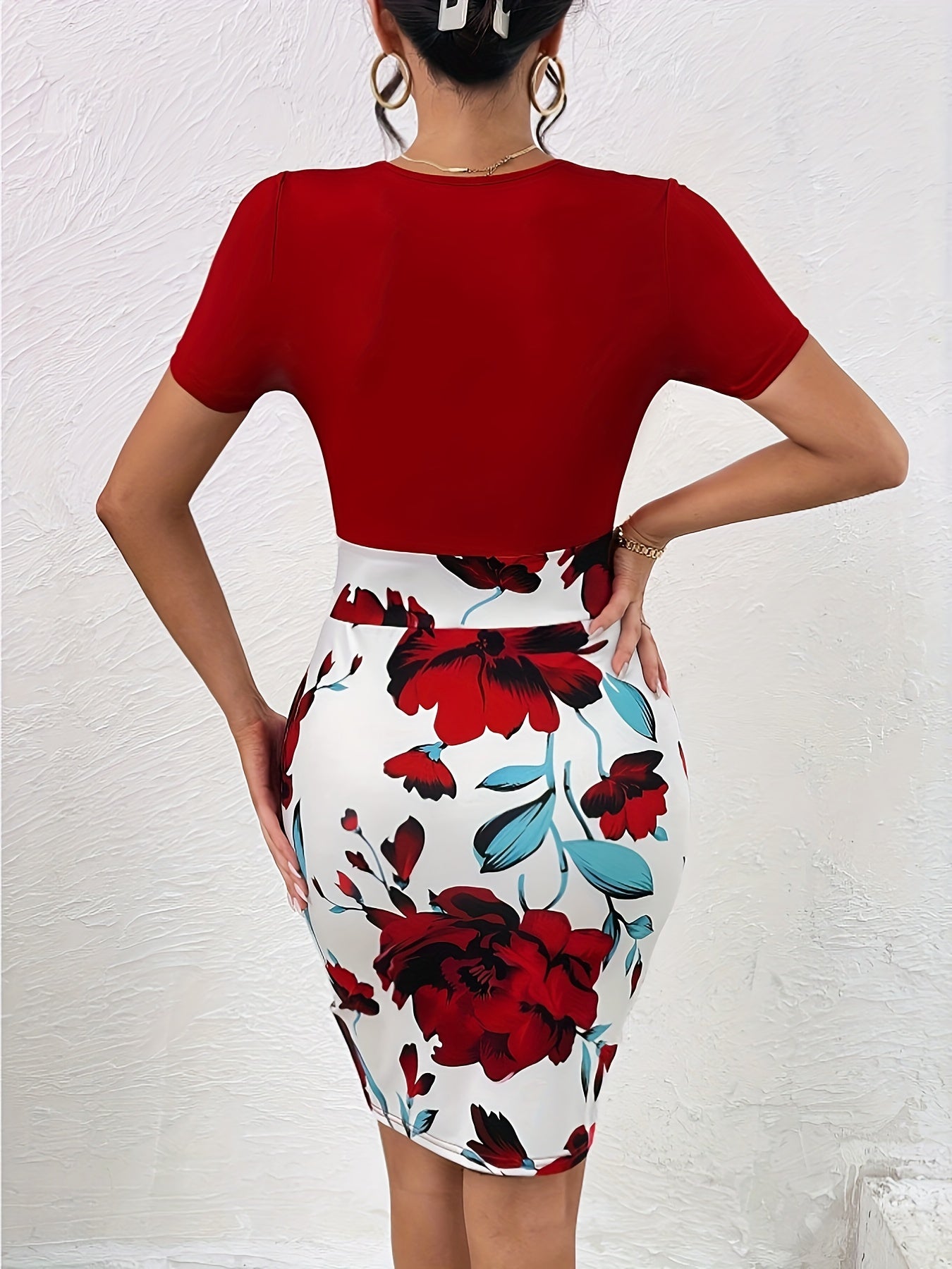 Floral Print Splicing Pencil Dress, Elegant Crew Neck Short Sleeve Dress For Spring & Summer, Women's Clothing