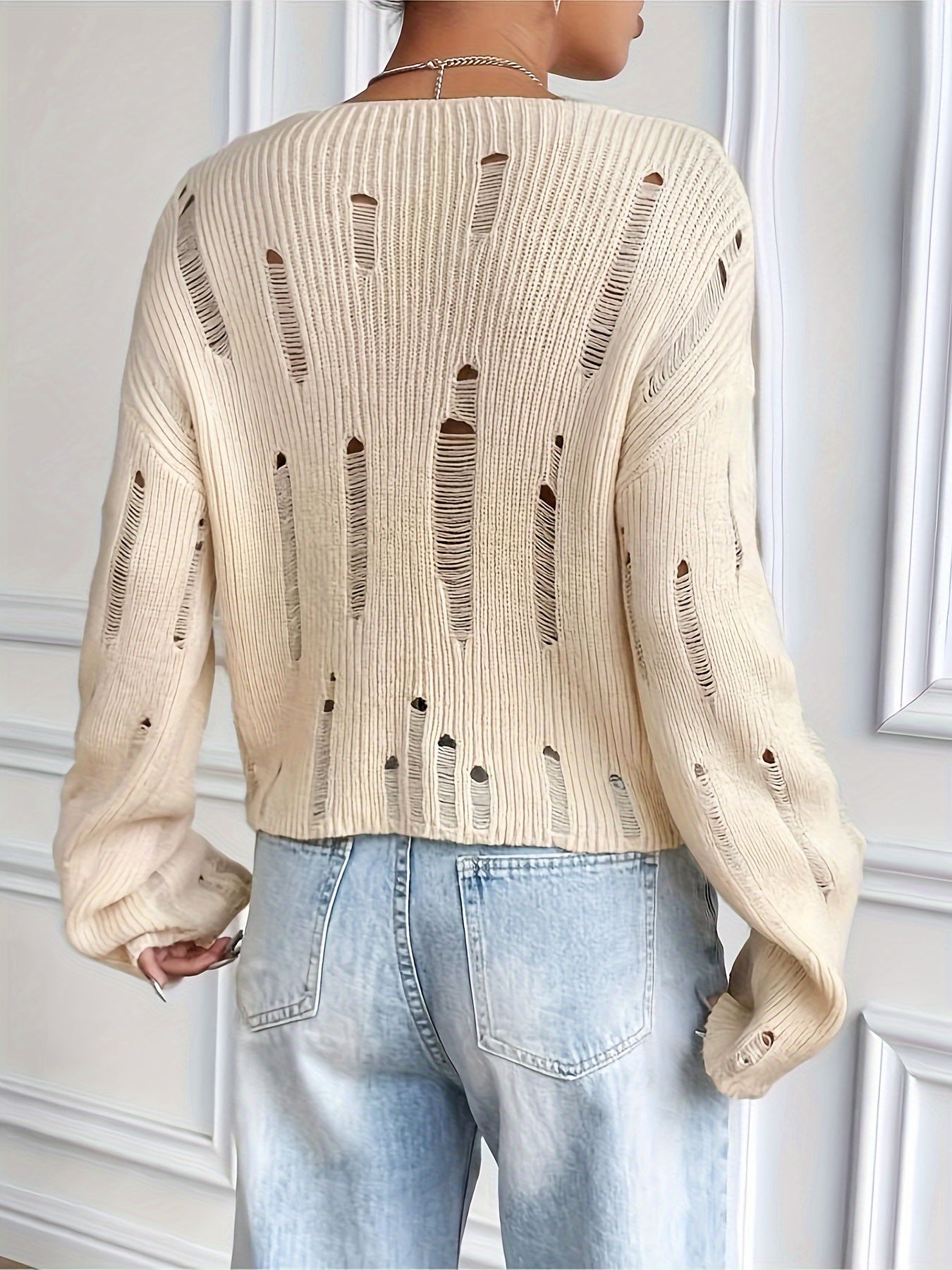 Solid V Neck Pullover Sweater, Casual Ripped Long Sleeve Knit Top For Spring & Fall, Women's Clothing