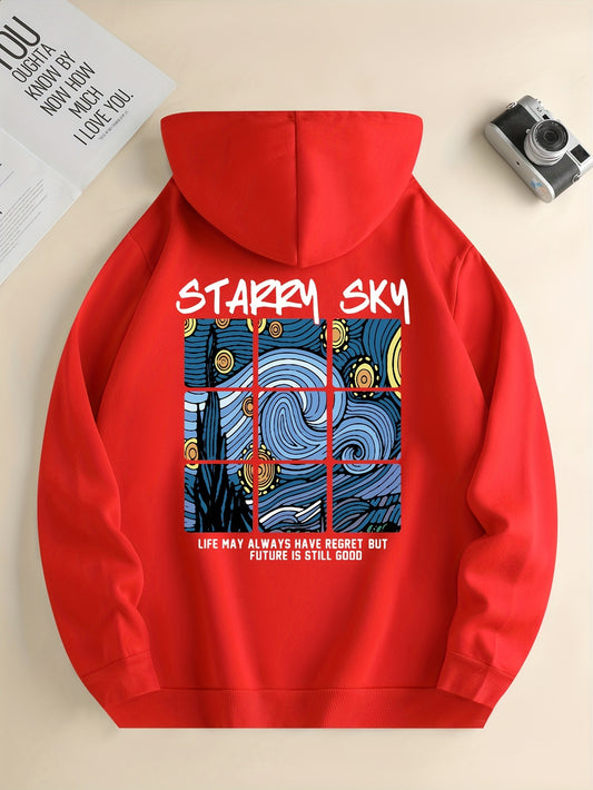 STARRY SKY Print Hoodies For Men, Graphic Hoodie With Kangaroo Pocket, Comfy Loose Trendy Hooded Pullover, Mens Clothing For Autumn Winter