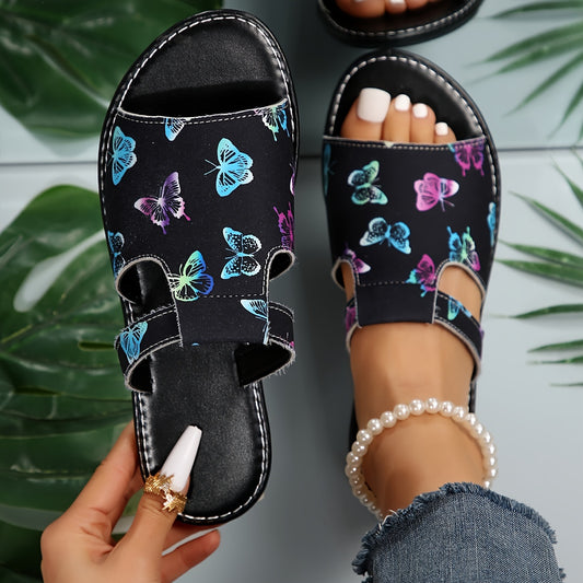 Women's Stylish Summer Slides, Butterfly Print Slip On Lightweight Flat Slides, Casual Seaside Beach Slides