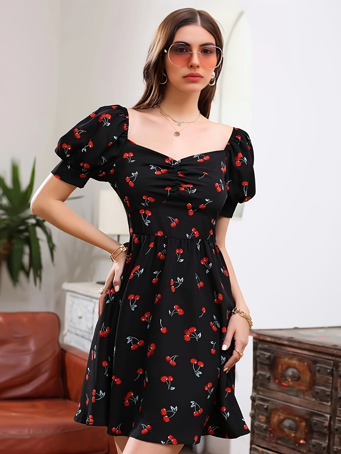 Cherry Print A-line Dress, Elegant Short Sleeve Dress For Spring & Summer, Women's Clothing