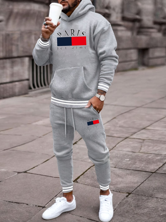 2-piece PARIS Print Men's Spring Fall Sports Outfit Set, Men's Hooded Sweatshirt With Kangaroo Pocket & Drawstring Sweatpants Set