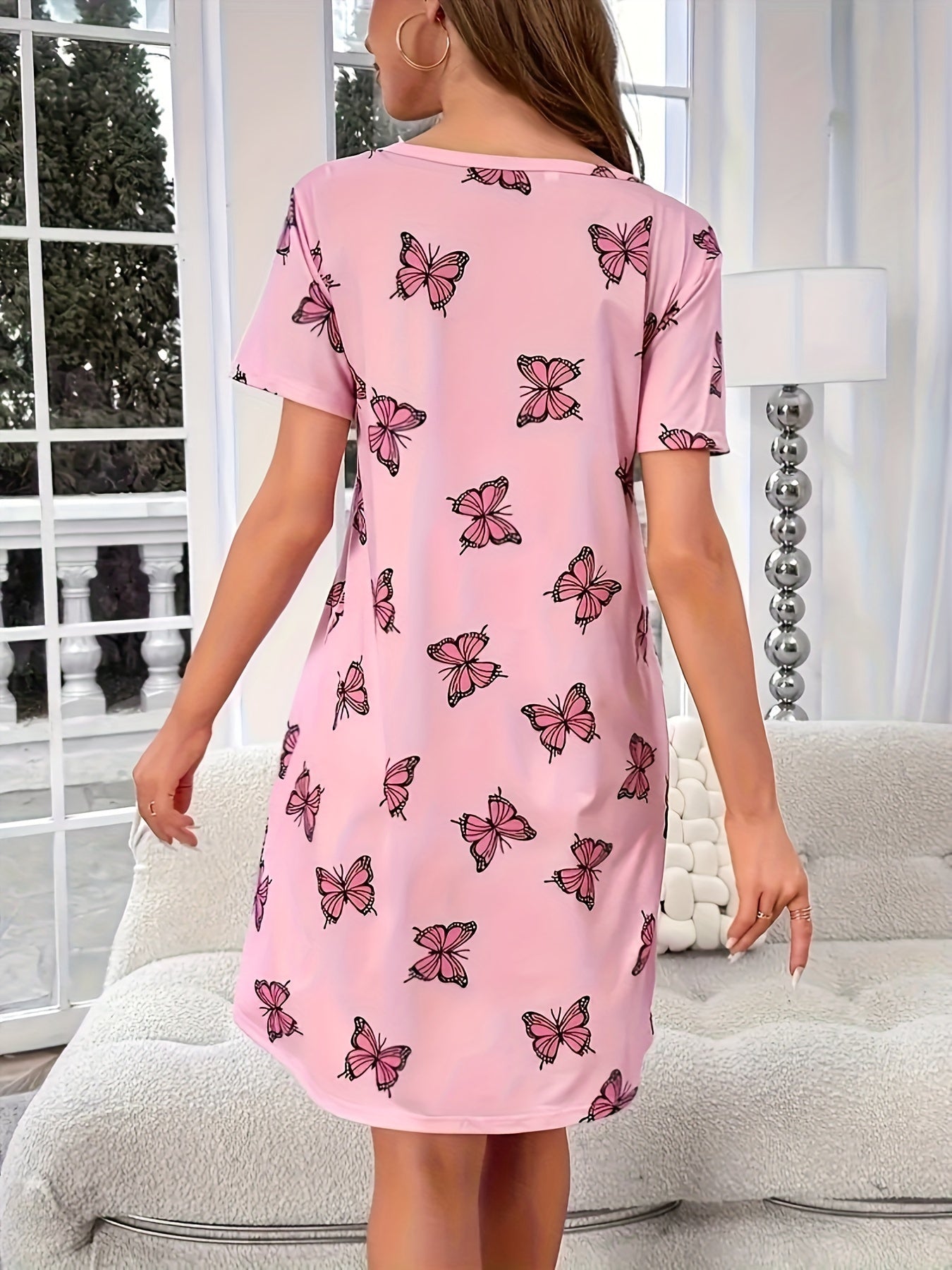 Butterfly Print Crew Neck Dress, Casual Short Sleeve Dress For Spring & Summer, Women's Clothing