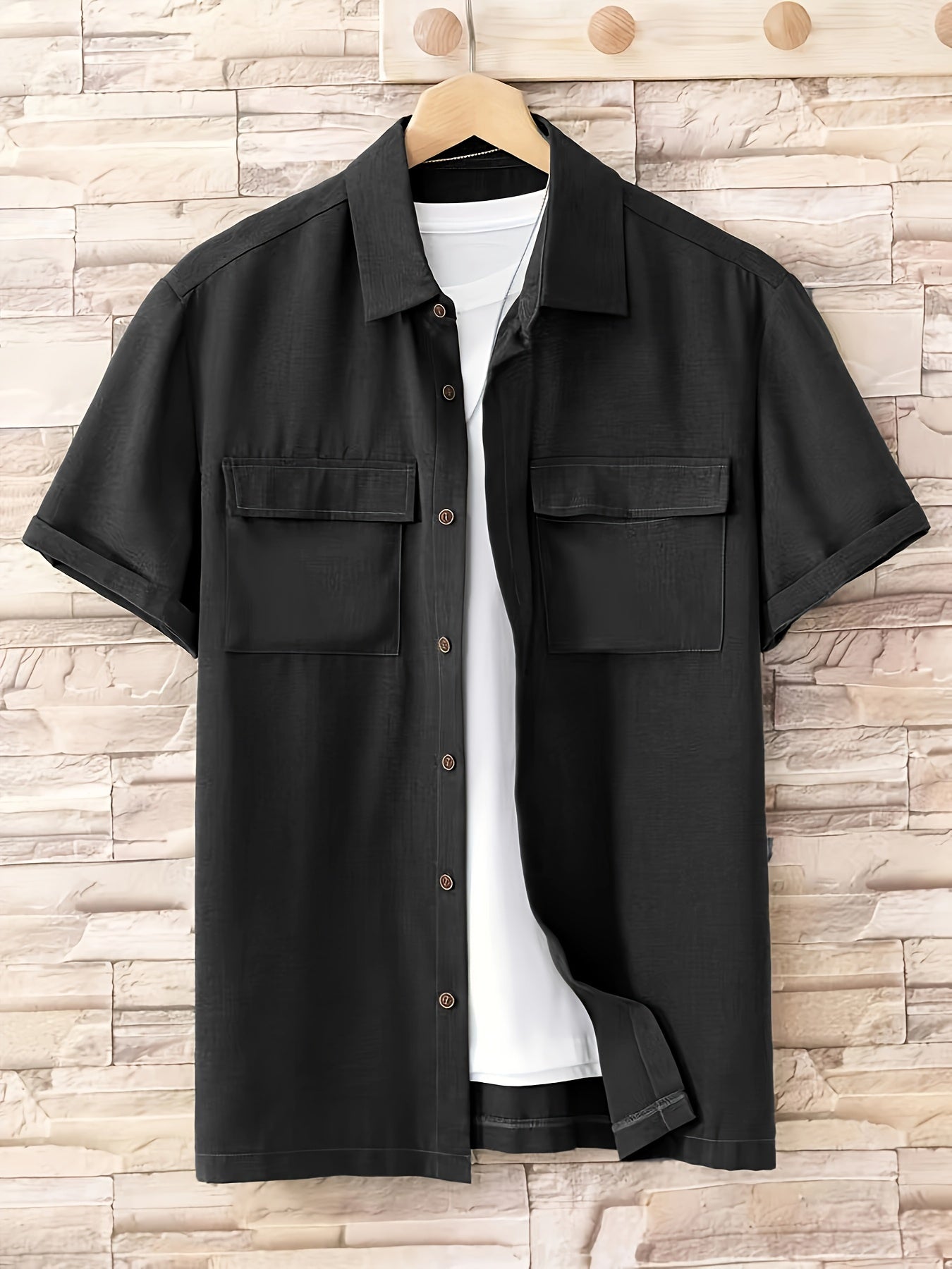 Men's Solid Casual Chest Pocket Button Up Short Sleeve Shirt For Spring Summer