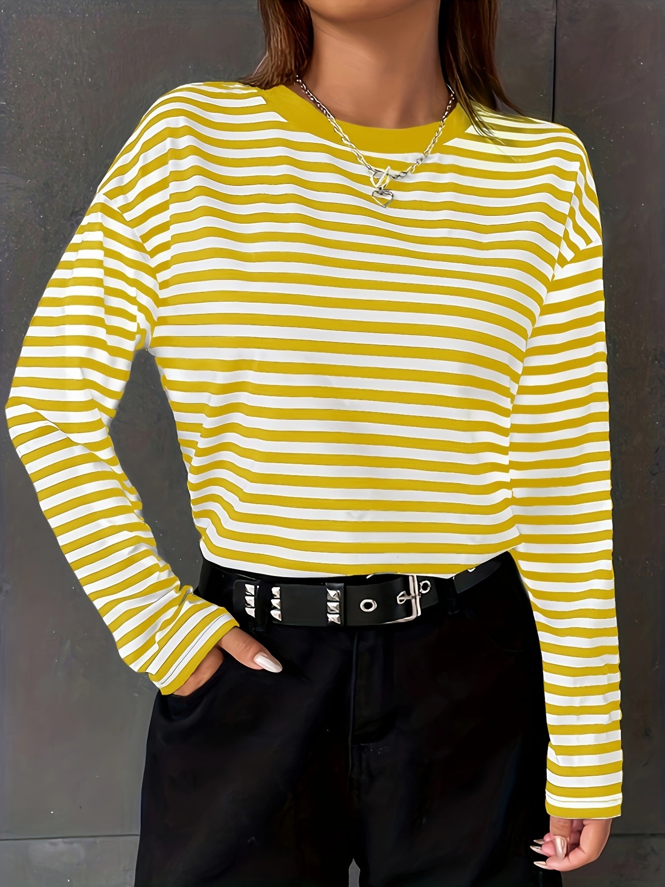 Striped Print Crew Neck T-Shirt, Casual Long Sleeve Top For Spring & Fall, Women's Clothing