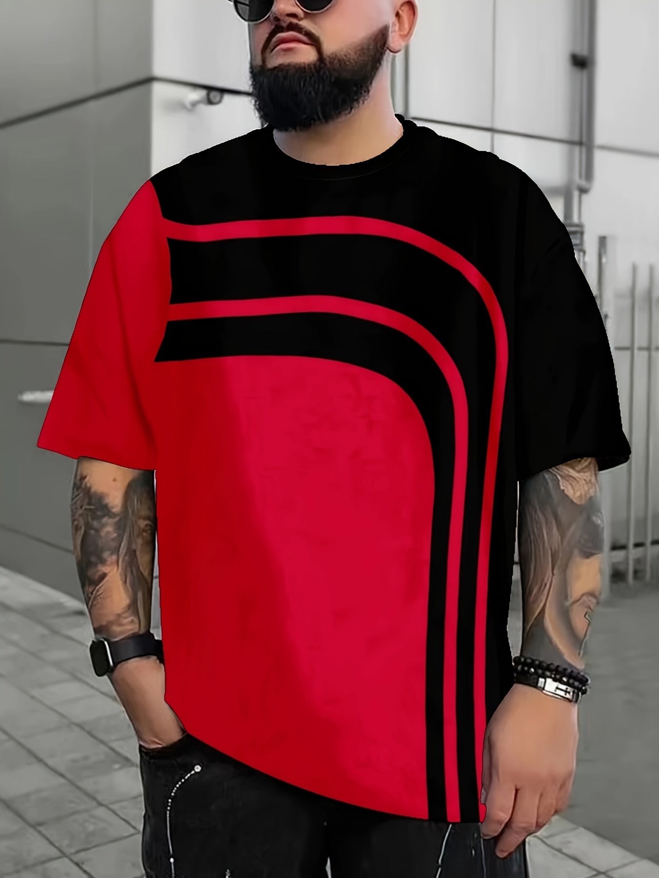 Plus Size Men's Contrast Color Stripes Print T-shirt Short Sleeve Fashion Tees, Summer, Men's Clothing