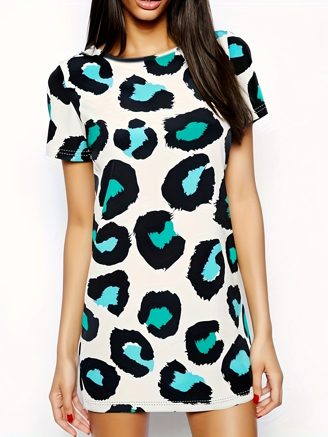 Allover Print Crew Neck Dress, Casual Short Sleeve Dress For Spring & Summer, Women's Clothing