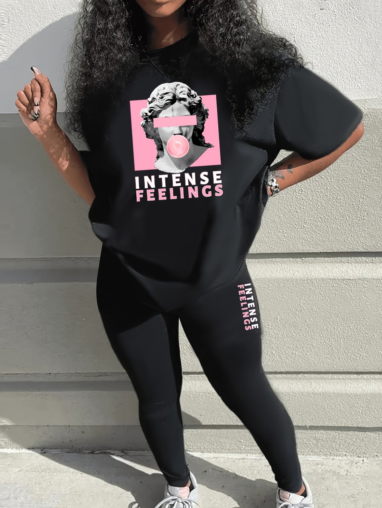 Figure Print Two Piece Set, Short Sleeves T-shirt & Leggings, Women's Clothing