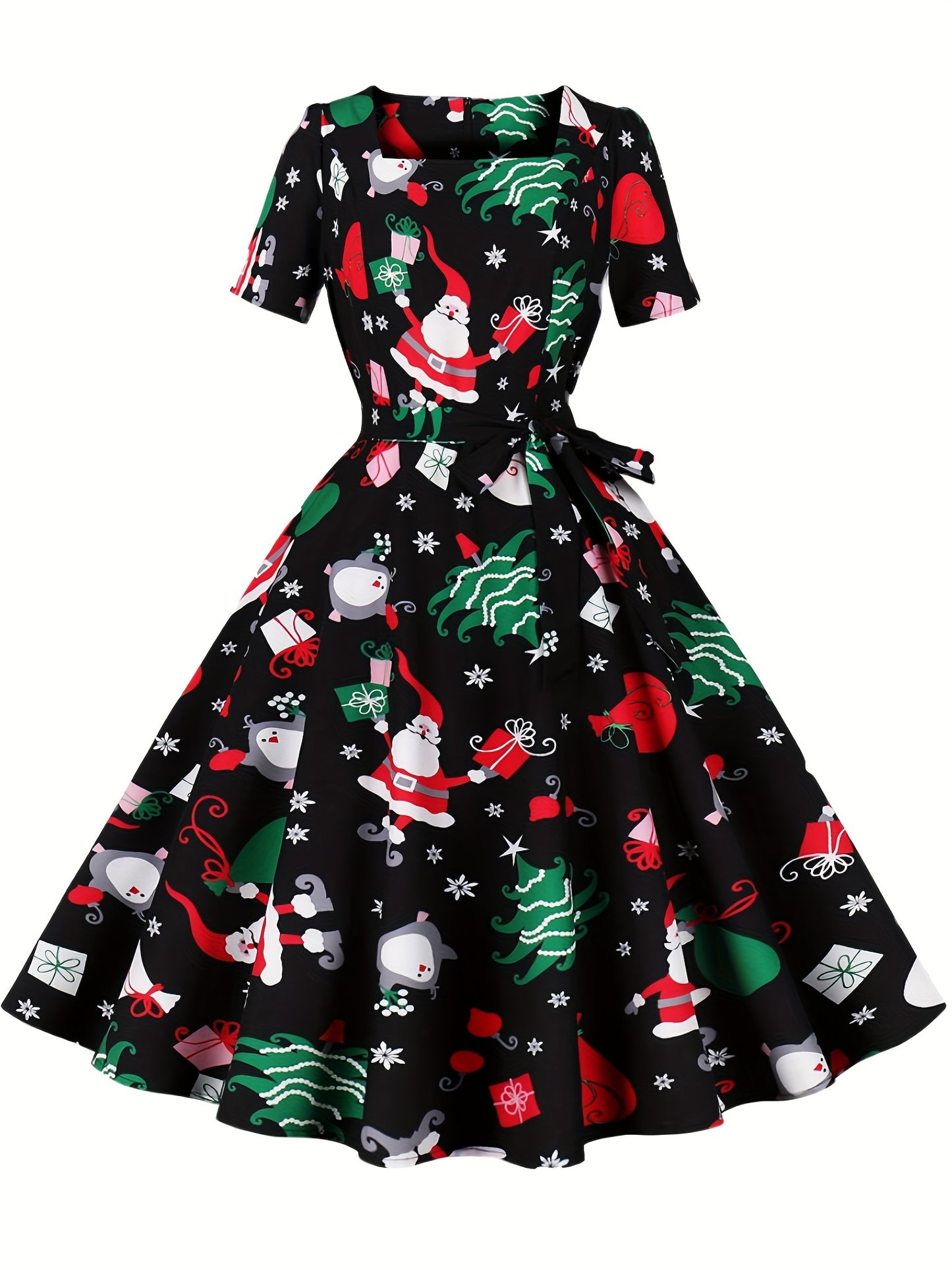 Christmas Santa Print A Line Dress, Casual Squared Neck Short Sleeve Party Dress, Women's Clothing