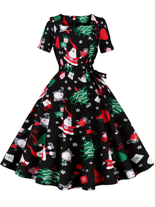 Christmas Santa Print A Line Dress, Casual Squared Neck Short Sleeve Party Dress, Women's Clothing