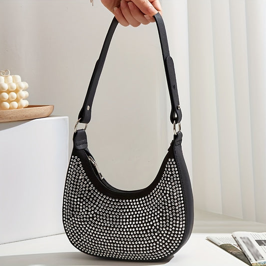 Rhinestone Shoulder Bag, Luxury Crescent Handbag For Women, Trendy Underarm Bag & Purse