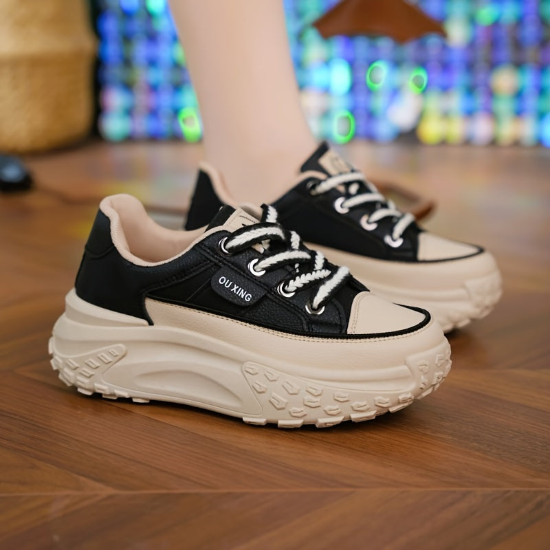 Women's Platform Chunky Sneakers, Fashion Low Top Faux Leather Shoes, Casual Lace Up Walking Skate Shoes