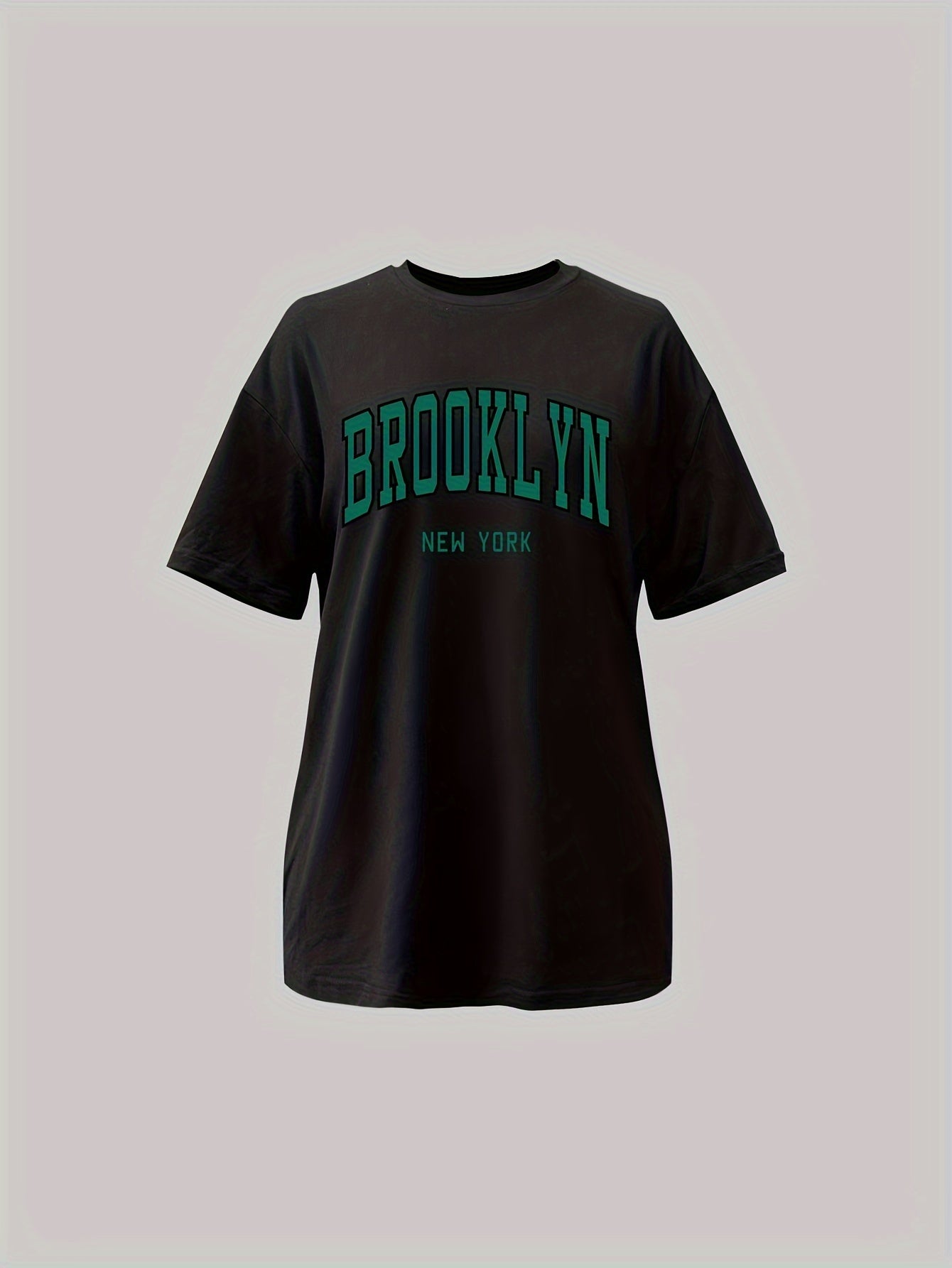 Brooklyn Letter Print Crew Neck T-shirt, Casual Short Sleeve Drop Shoulder Top, Women's Clothing