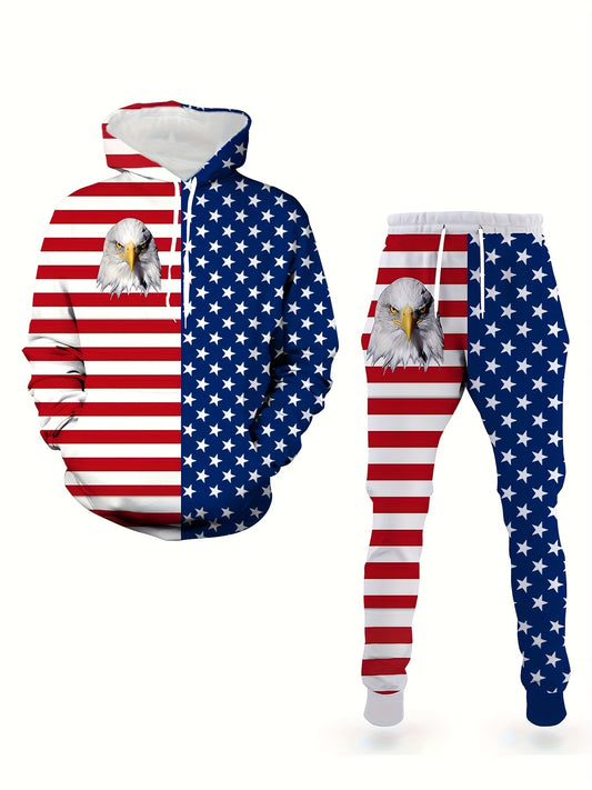 2pcs Men's Novelty Pajamas Loungewear Set, American Flag Pattern 3D Print Men's Drawstring Long Sleeve Hoodie Sweatshirts & Pants, Men's Trendy Clothes Set