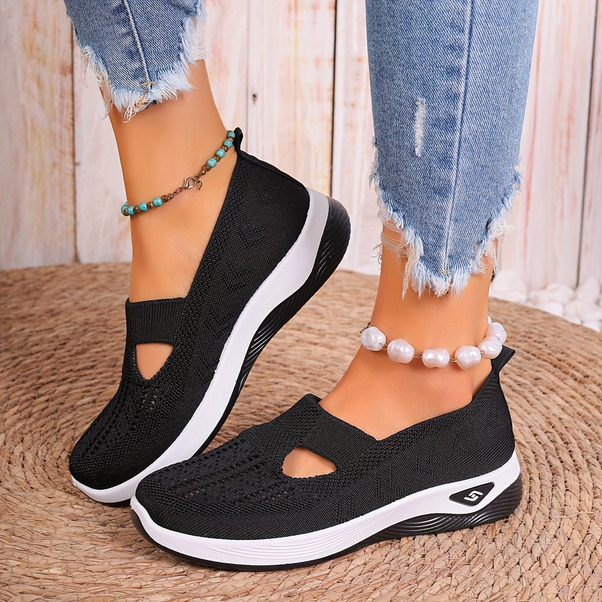 Women's Knitted Sports Shoes, Breathable Cut-out Slip On Walking Trainers, Casual Outdoor Sneakers