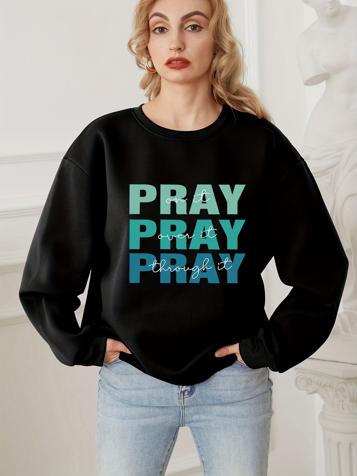 Pray Letter Print Thermal Sweatshirt, Long Sleeve Crew Neck Casual Sweatshirt For Spring & Fall, Women's Clothing