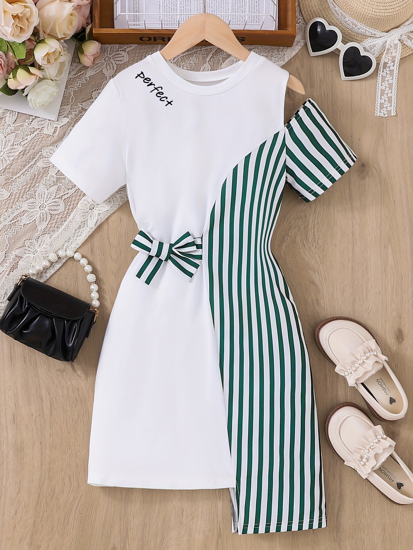 Girls 8-14Y Chic Striped Spliced Cut-out Drop Shoulder T-Shirt Short Sleeve Asymmetrical Hem Dress