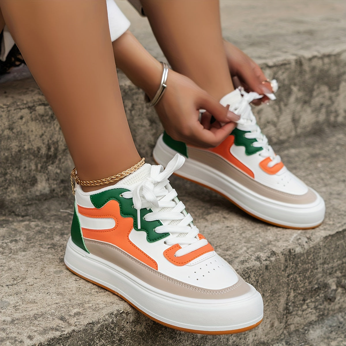 Women's Colorblock Skate Shoes, Casual High Top Outdoor Shoes, Comfortable Lace Up Sneakers