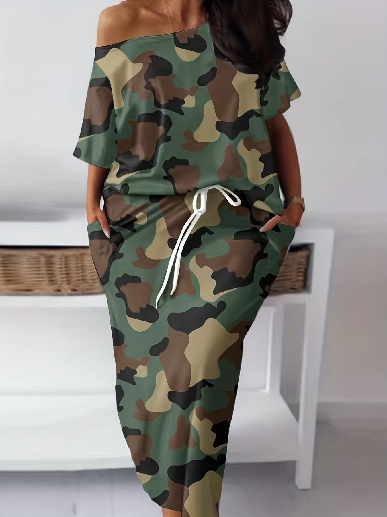 Camouflage Matching Two-piece Skirt Set, Short Sleeve T-shirt & Drawstring Skirt Outfits, Women's Clothing