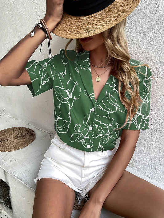 Abstract Print Button Front Shirt, Vintage Lapel Short Sleeve Shirt For Spring & Summer, Women's Clothing