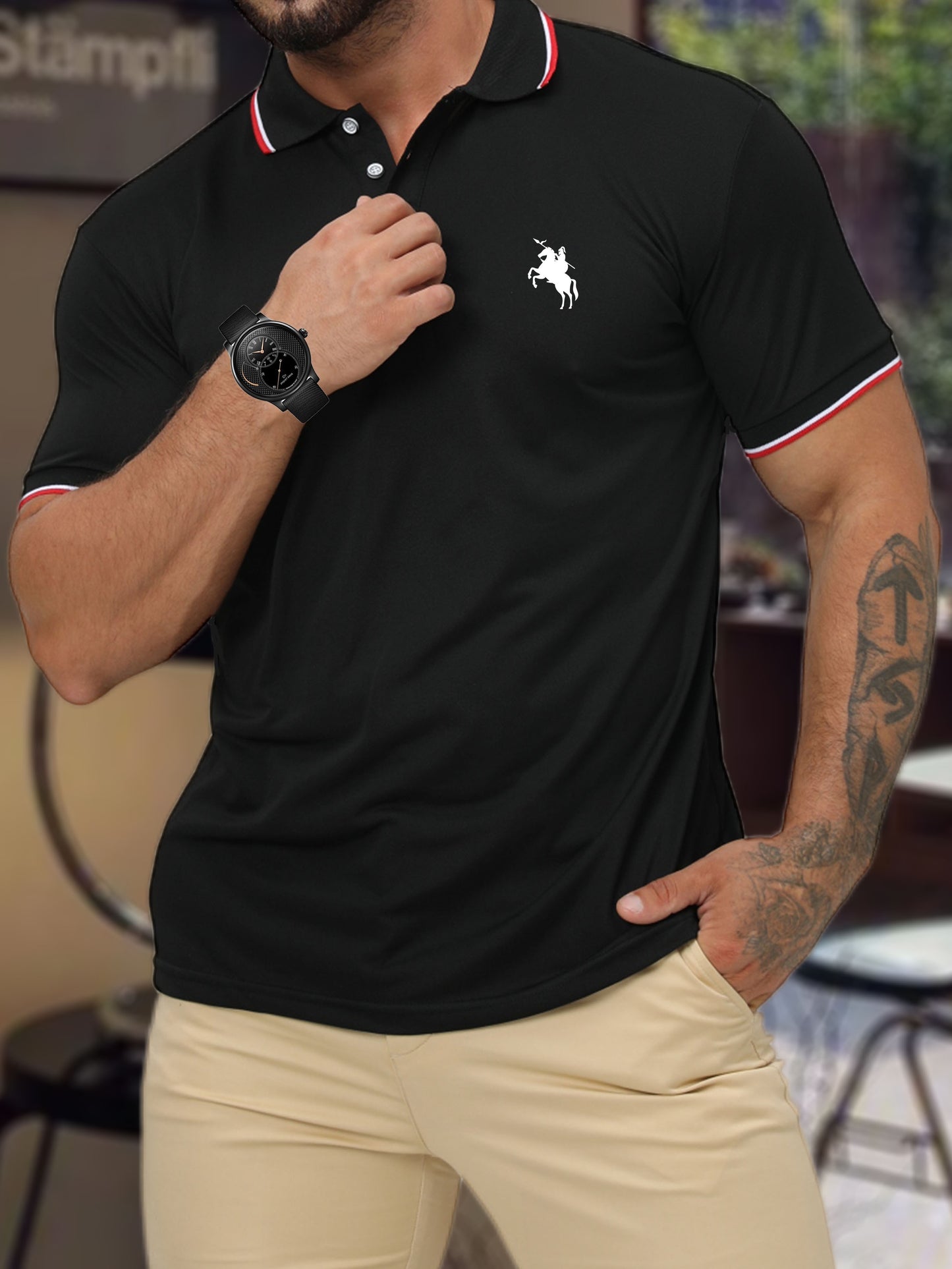 Maglia con stampa cavaliere romano, casual leggermente elasticizzata, con bottoni, polo a maniche corte, polo da uomo per l'estate