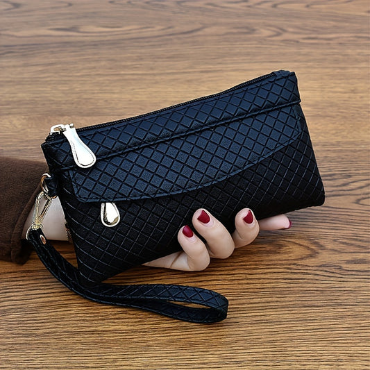 Women's Argyle Quilted Clutch Bag, Multi Zipper Wristlet Bag For Phone & Coin, Fashion Handbag