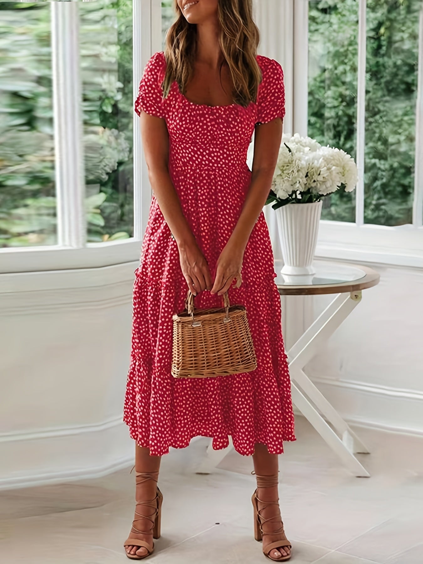 Polka Dot Ruffle Hem Dress, Casual Square Neck Short Sleeve Dress, Women's Clothing
