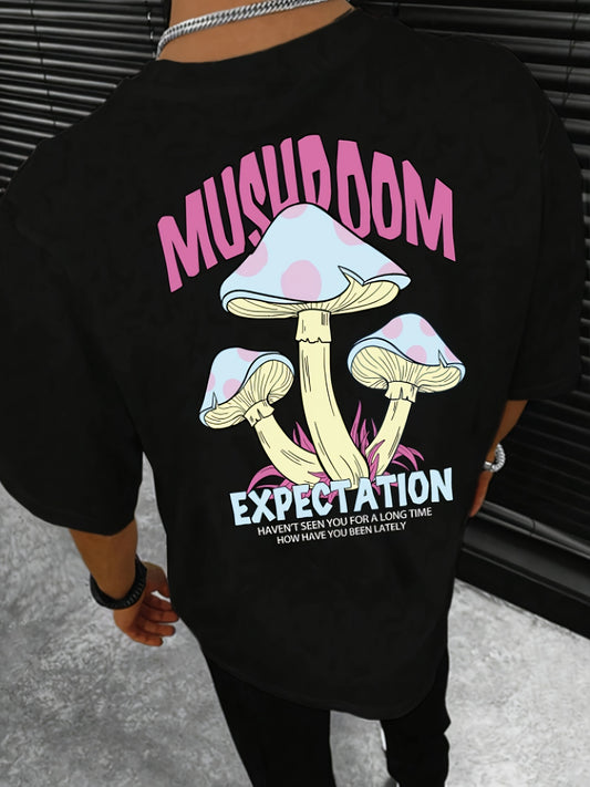 Cartoon Mushroom And Letter Print Men's Casual Short Sleeve Crew Neck T-shirt, Summer Outdoor