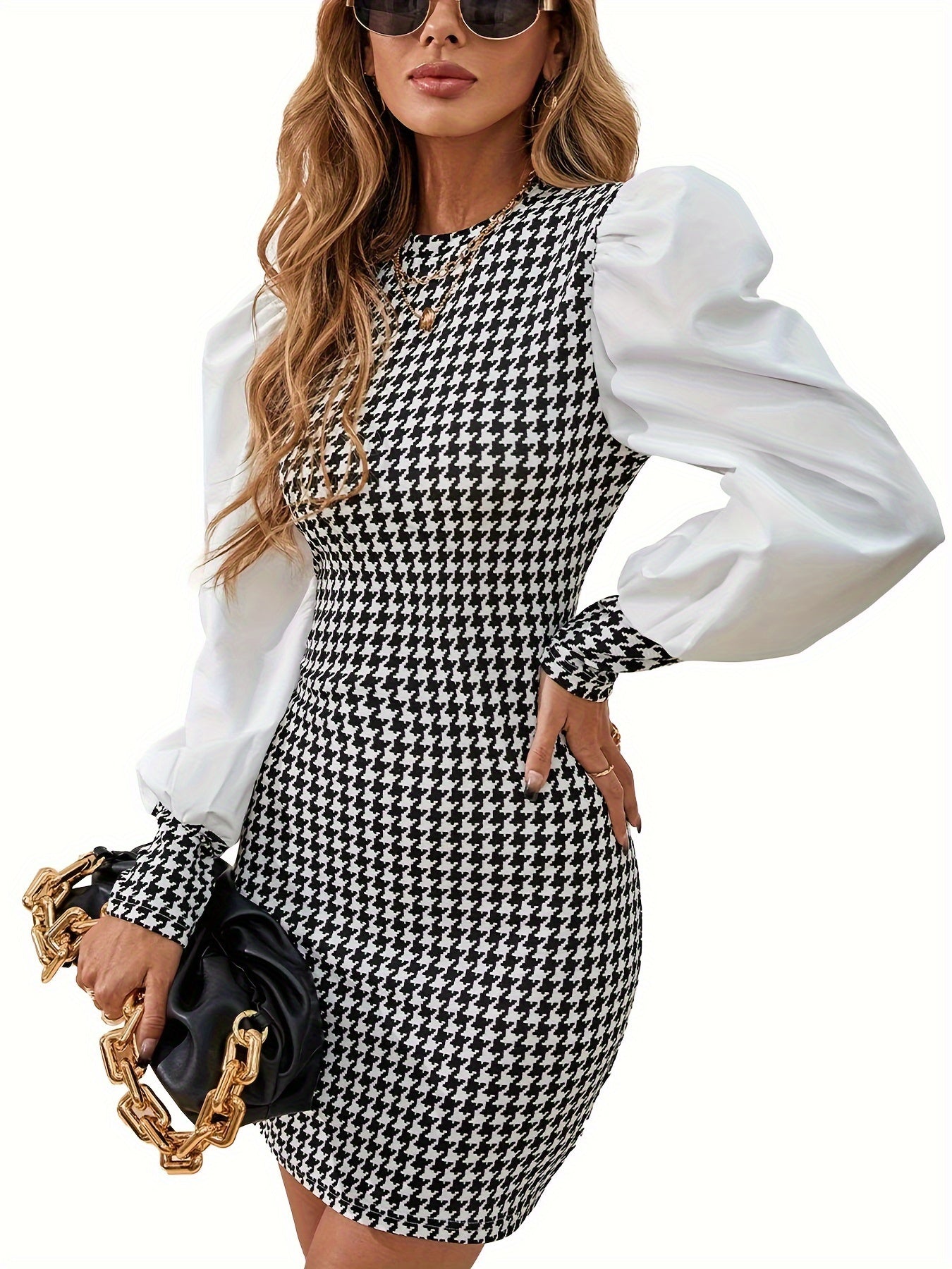 Plaid Print Color Block Splicing Dress, Elegant Long Sleeve Bodycon Dress For Spring & Fall, Women's Clothing