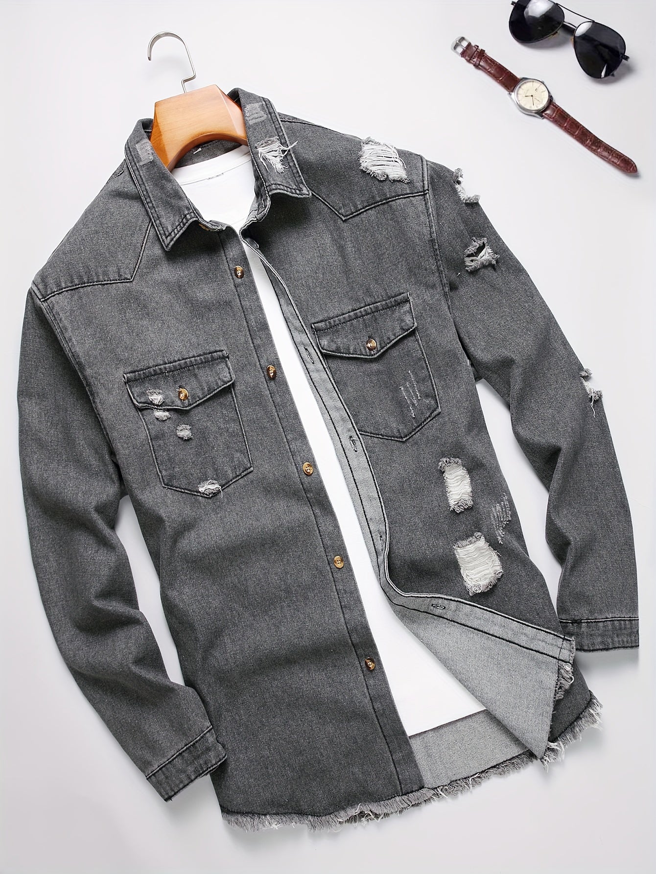 Men's Trendy Ripped Design Casual Button Up Long Sleeve Denim Shirt, Men's Clothes For Spring Summer Autumn, Tops For Men