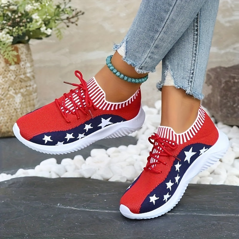 Women's Star Pattern Sneakers, Casual Lace-up Running Shoes, Breathable Knitted Sports Shoes