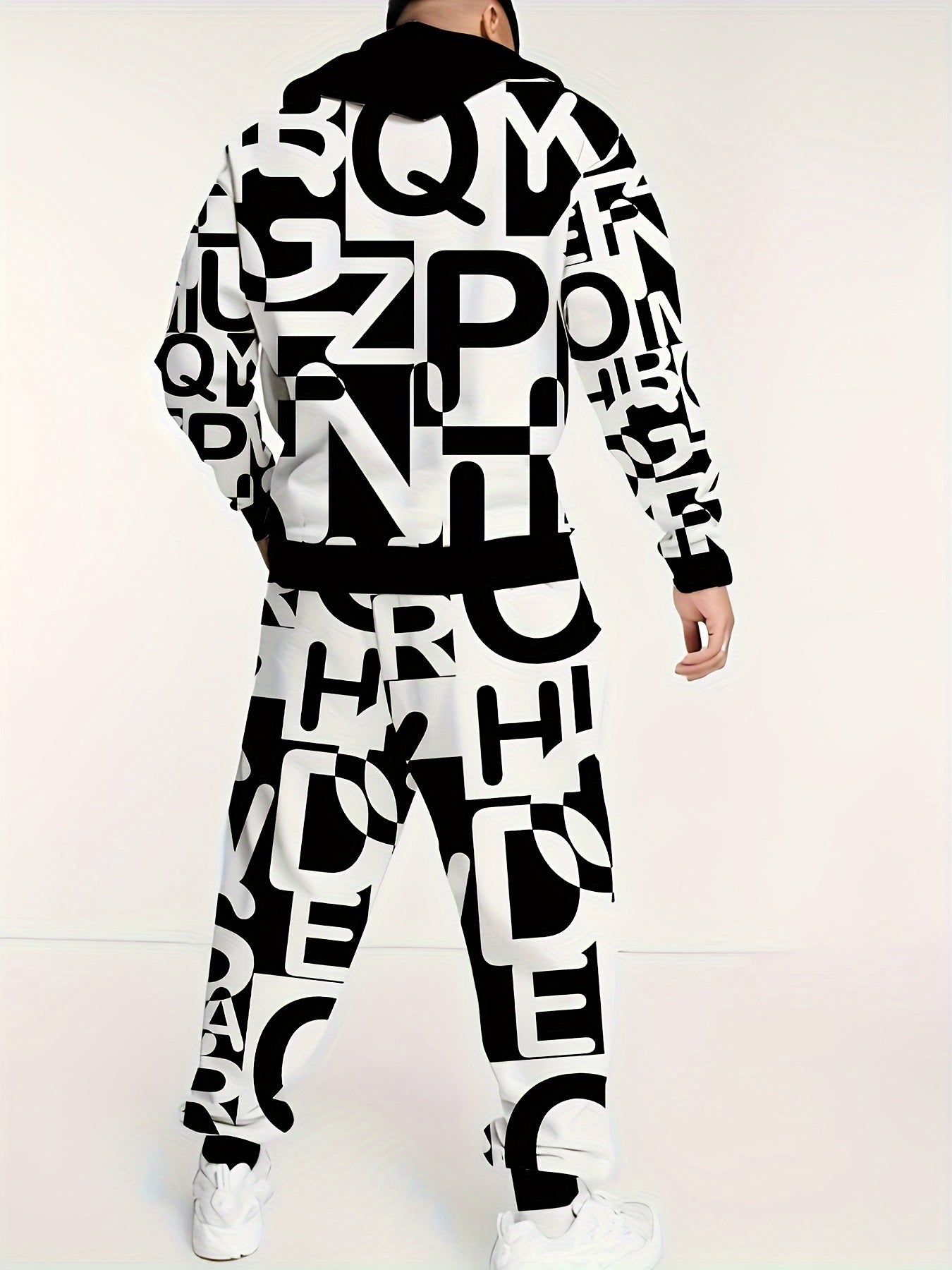 Plus Size Men's Letters Graphic Print Hooded Sweatshirt & Pants Set For Spring Fall