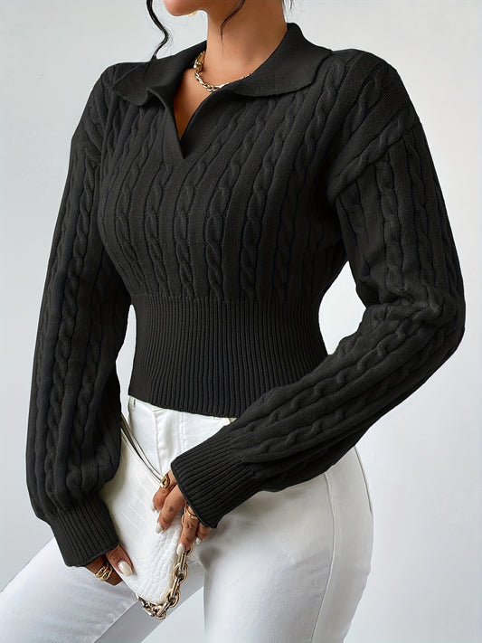 Twist Textured V Neck Knitted Top, Casual Long Sleeve Sweater For Fall & Winter, Women's Clothing