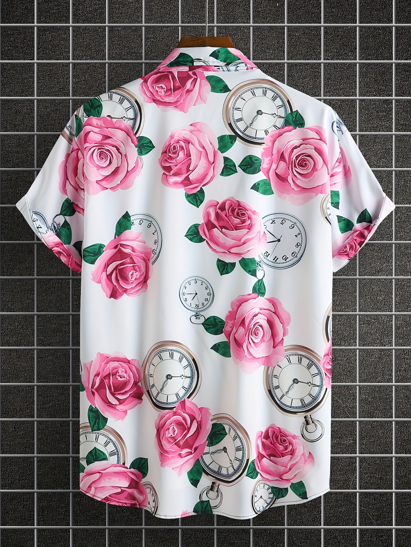 Rose And Clock Random Print Men's Trendy Short Sleeve Button Down Shirt Summer Vacation, Men's Leisurewear