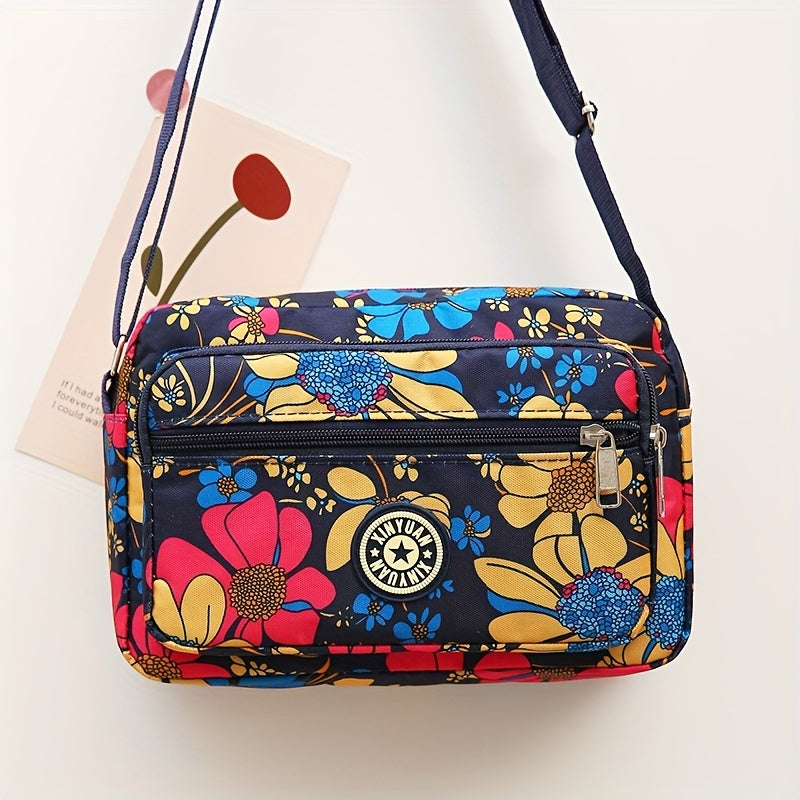Fashion Flower Crossbody Bag, Multi Layer Shoulder Bag, Casual Nylon Messenger Bag