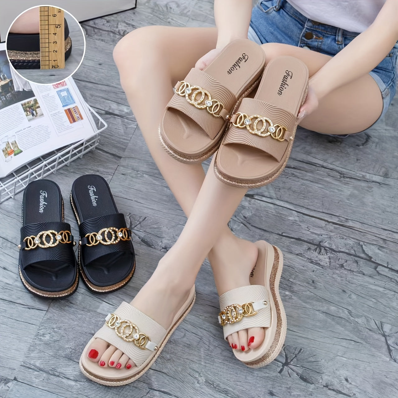 Women's Rhinestone Buckle Platform Slides, Fashion Open Toe Summer Shoes, All-Match Home Outdoor Beach Slide Sandals