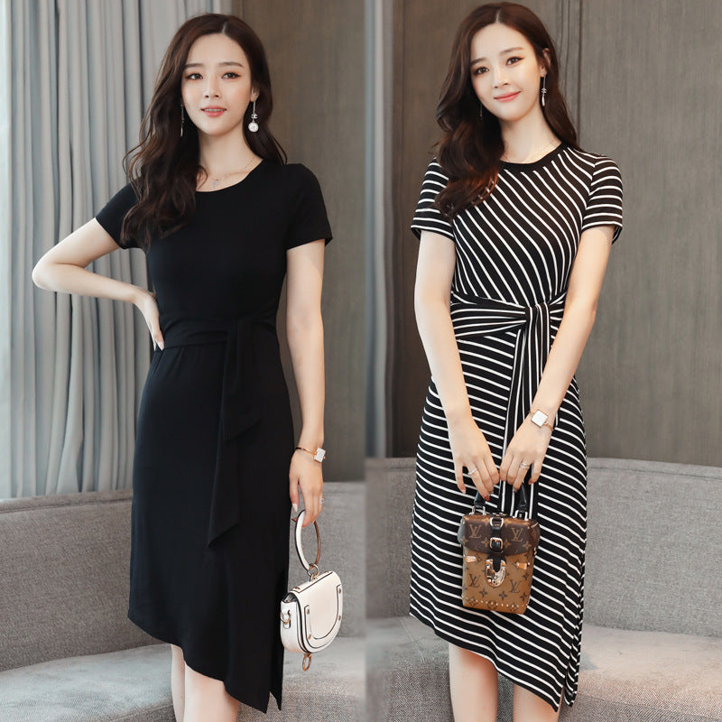 2021 summer new women's temperament, circular circle, short sleeve long skirt, slim, slim, thin dresses