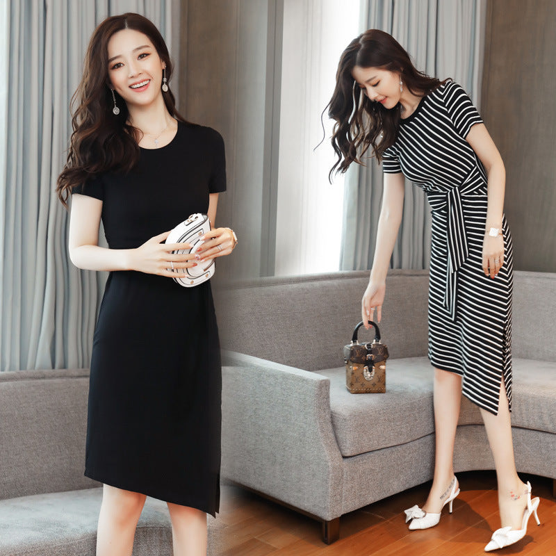 2021 summer new women's temperament, circular circle, short sleeve long skirt, slim, slim, thin dresses