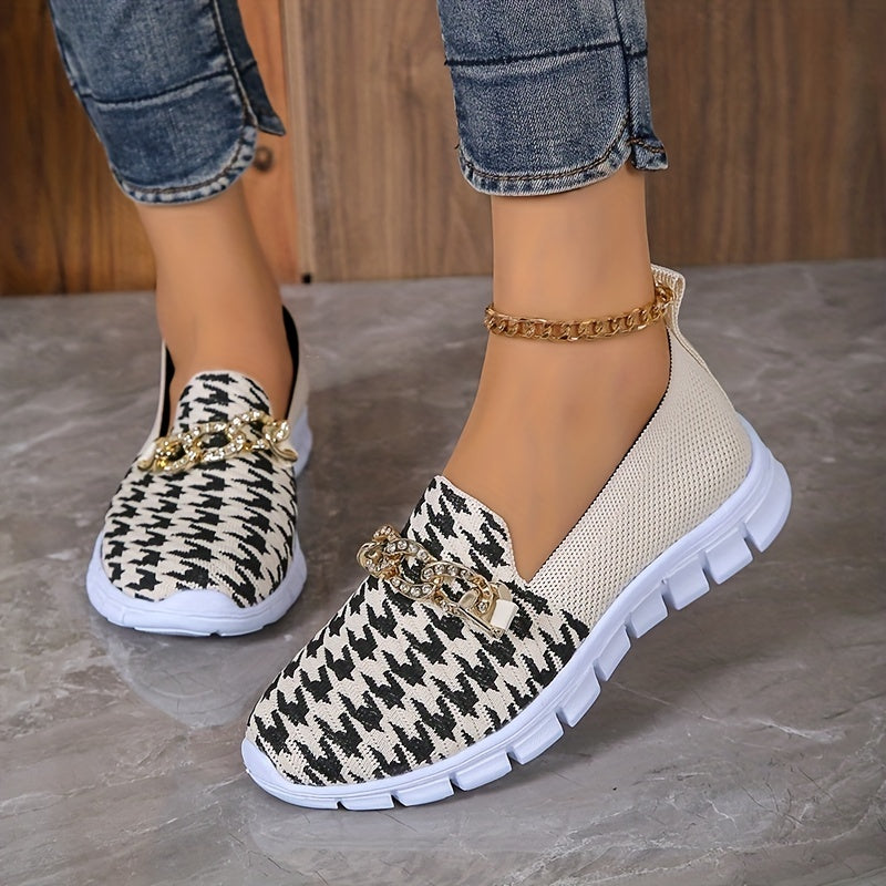 Women's Houndstooth Sock Shoes, Chain Decor Knitted Low Top Slip On Sneakers, Casual Breathable Walking Shoes