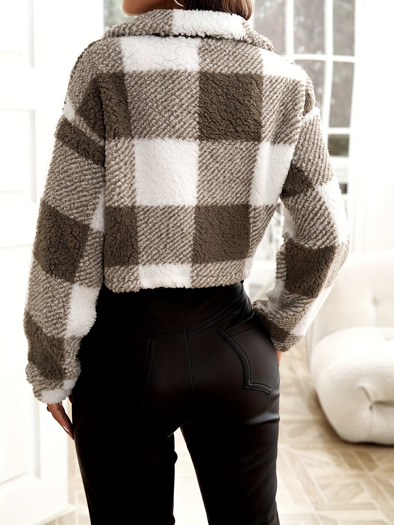 Plaid Pattern Teddy Jacket, Casual Zip Up Long Sleeve Outerwear, Women's Clothing