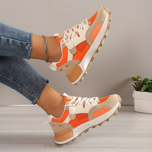 Women's Colorblock Casual Sneakers, Lace Up Low-top Round Toe Non-slip Soft Breathable Trainers, Comfy Versatile Shoes