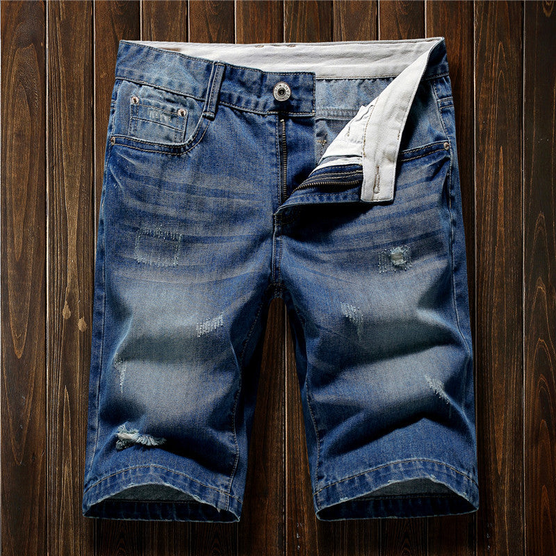 Summer denim shorts men's broken cave pants teen retro Korean version of the straight nostalgic men's five pants