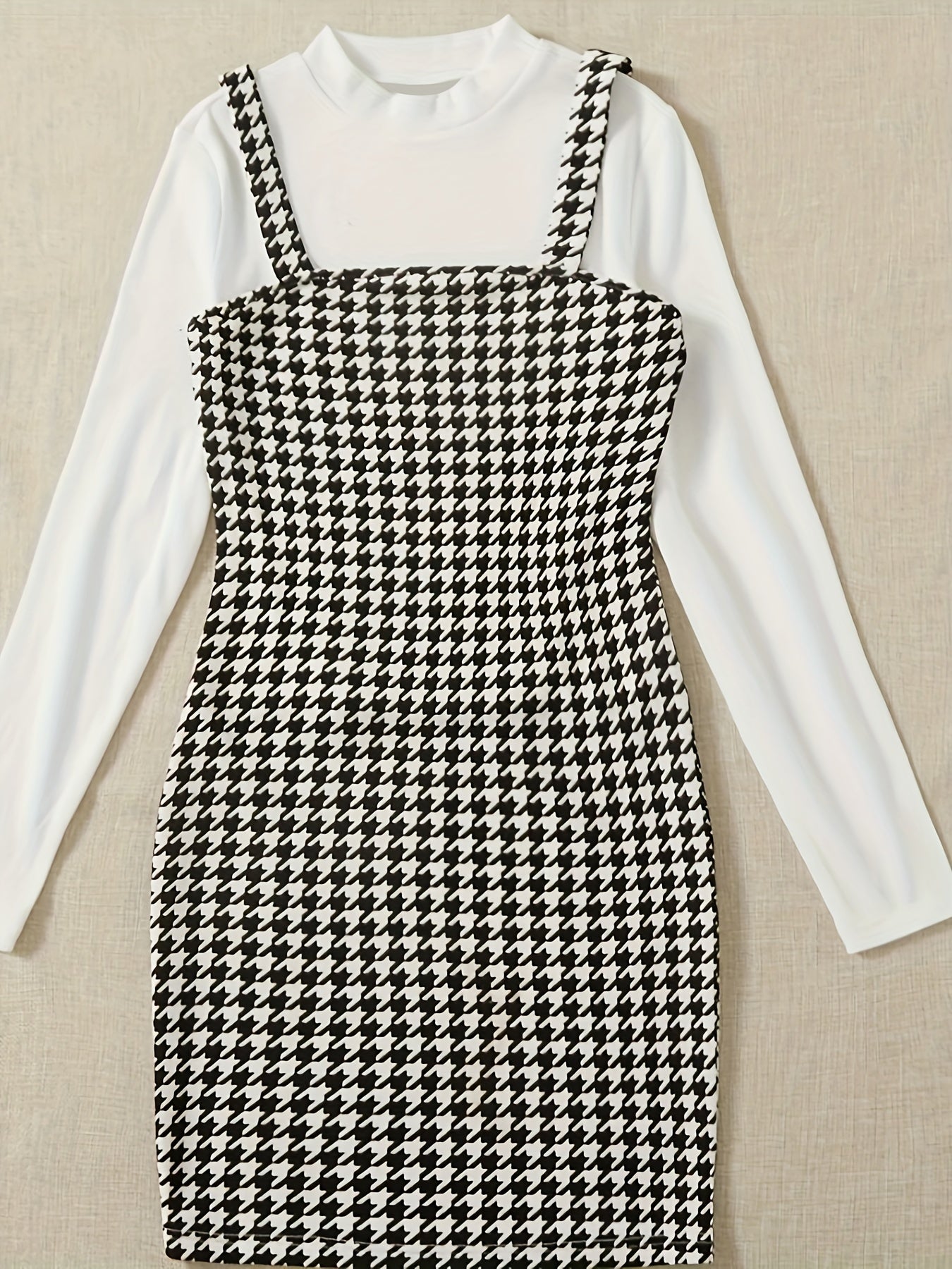 Simple Elegant Two-piece Set, Solid Long Sleeve Tops & Houndstooth Print Overall Dress Outfits, Women's Clothing