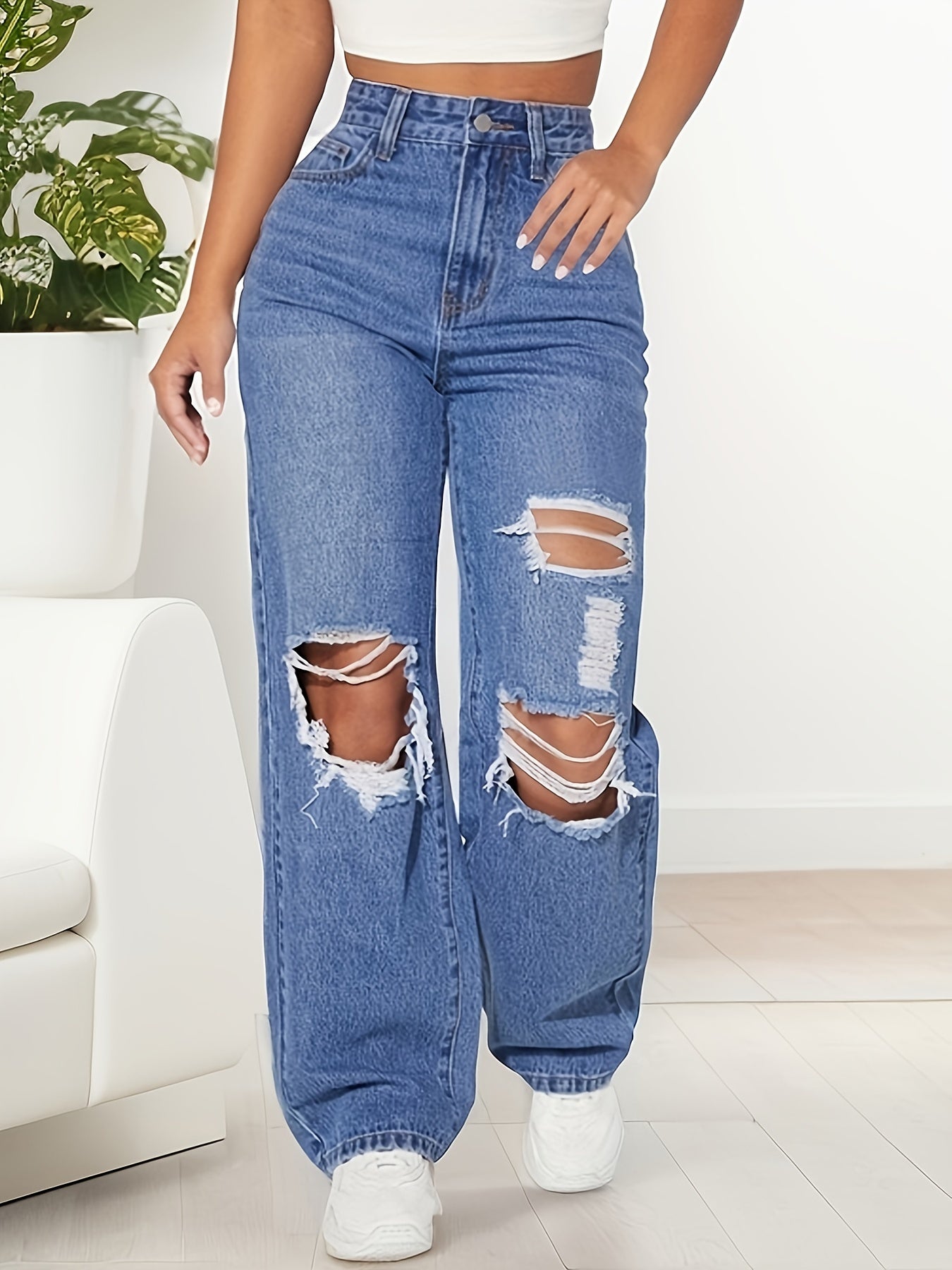 Pantaloni In Denim Larghi Con Increspature D'acqua Strappate, Jeans A Vita Alta Con Taglio Al Ginocchio, Stile Casual E Da Strada, Jeans E Abbigliamento In Denim Da Donna