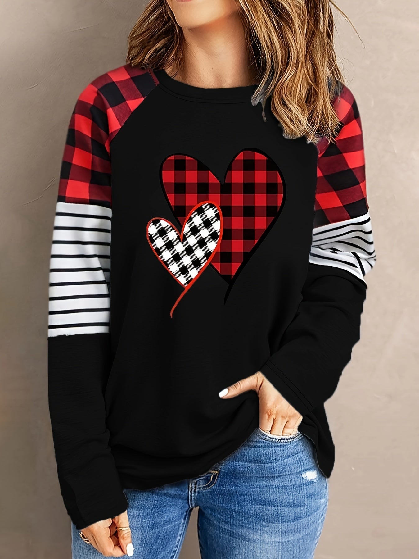 Felpa con stampa a cuori di Stripe & Plaid, felpa casual a maniche lunghe per primavera e autunno, abbigliamento da donna, San Valentino