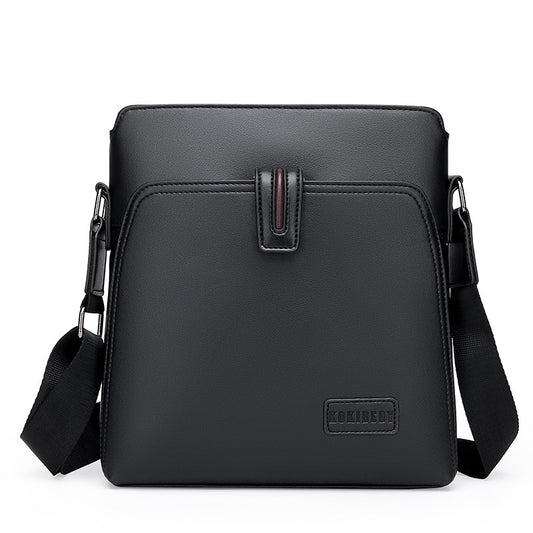 Black leather crossbody bag with a visible brand logo on a white background